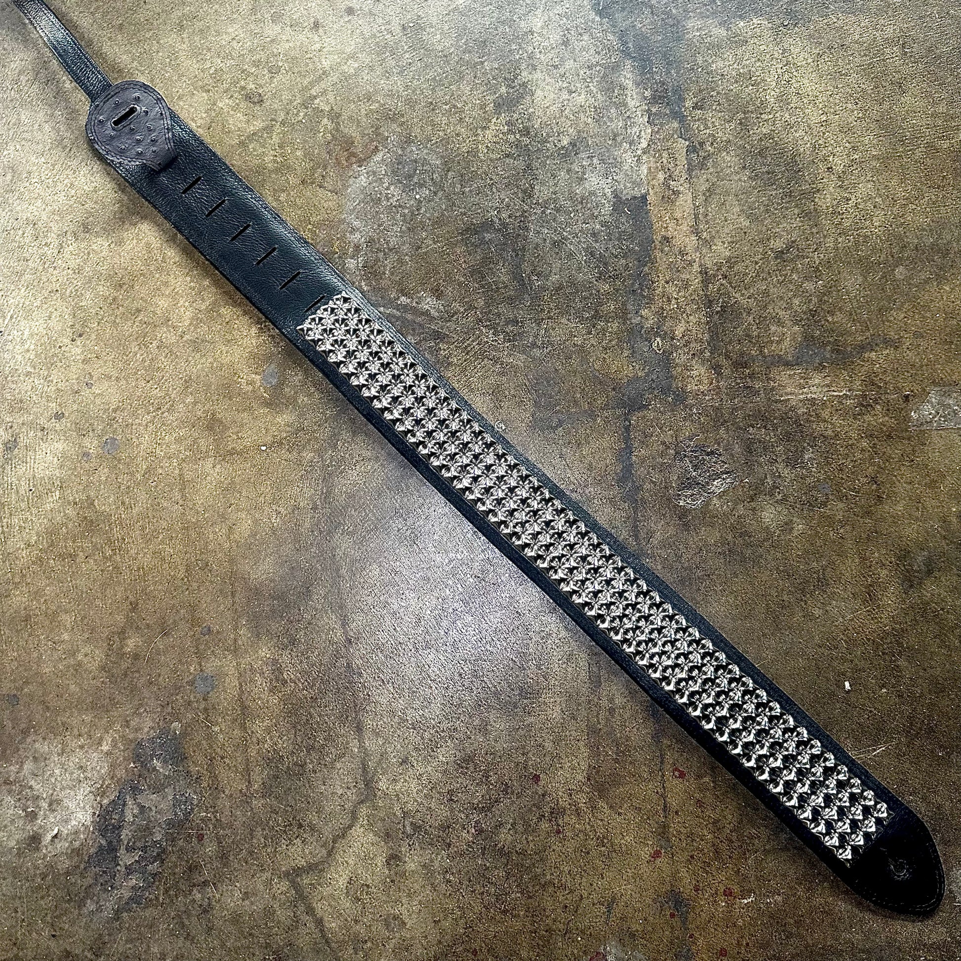Handmade Ostrich Leather 4-Row Pyramid Studded Guitar Strap
