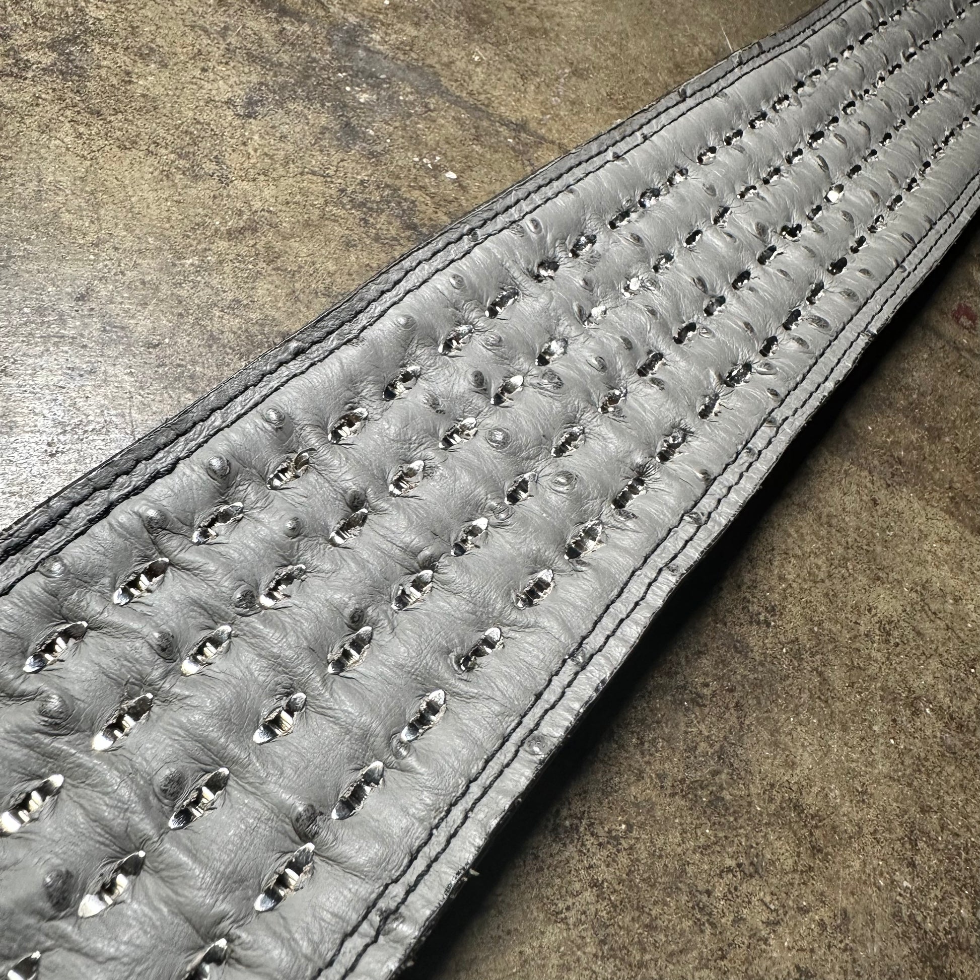 Handmade Ostrich Leather 4-Row Pyramid Studded Guitar Strap