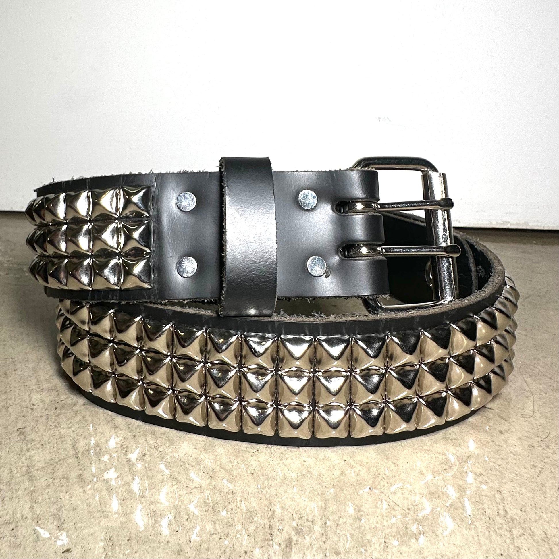 Large Handmade 3-Row Pyramid Studded Belt (Pointed Tip)