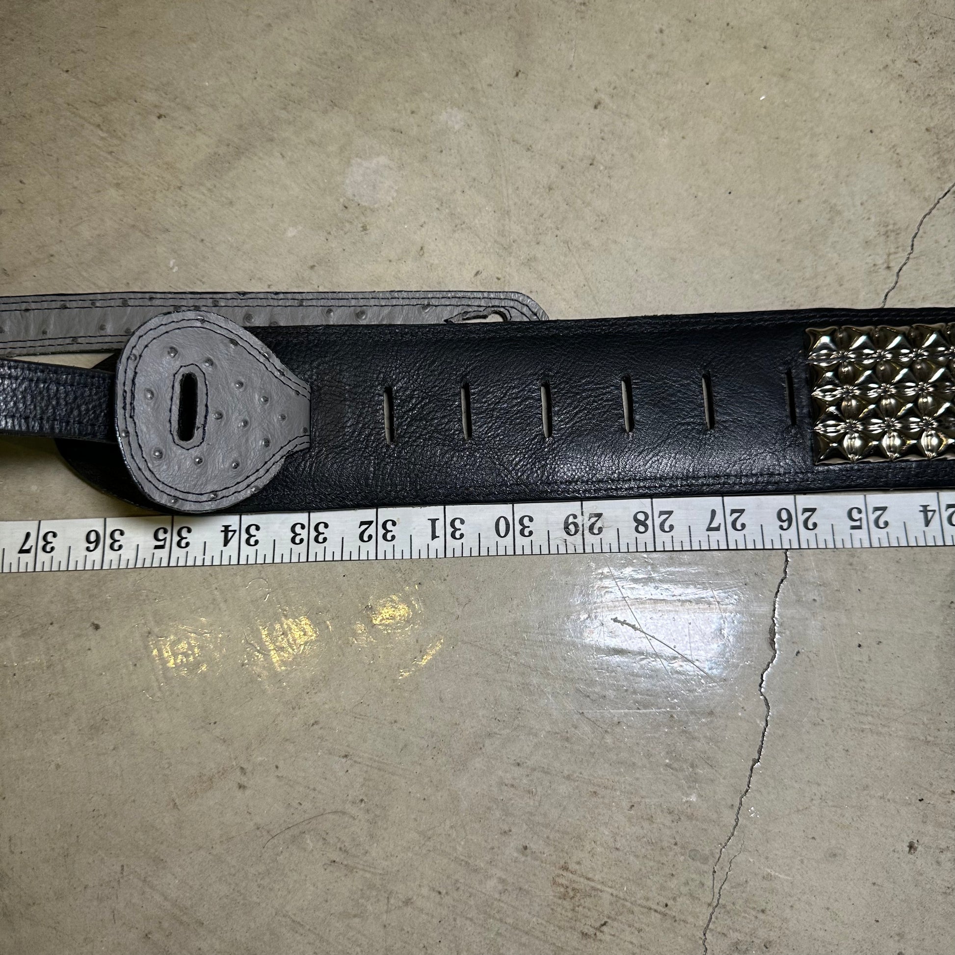 Handmade Ostrich Leather 4-Row Pyramid Studded Guitar Strap