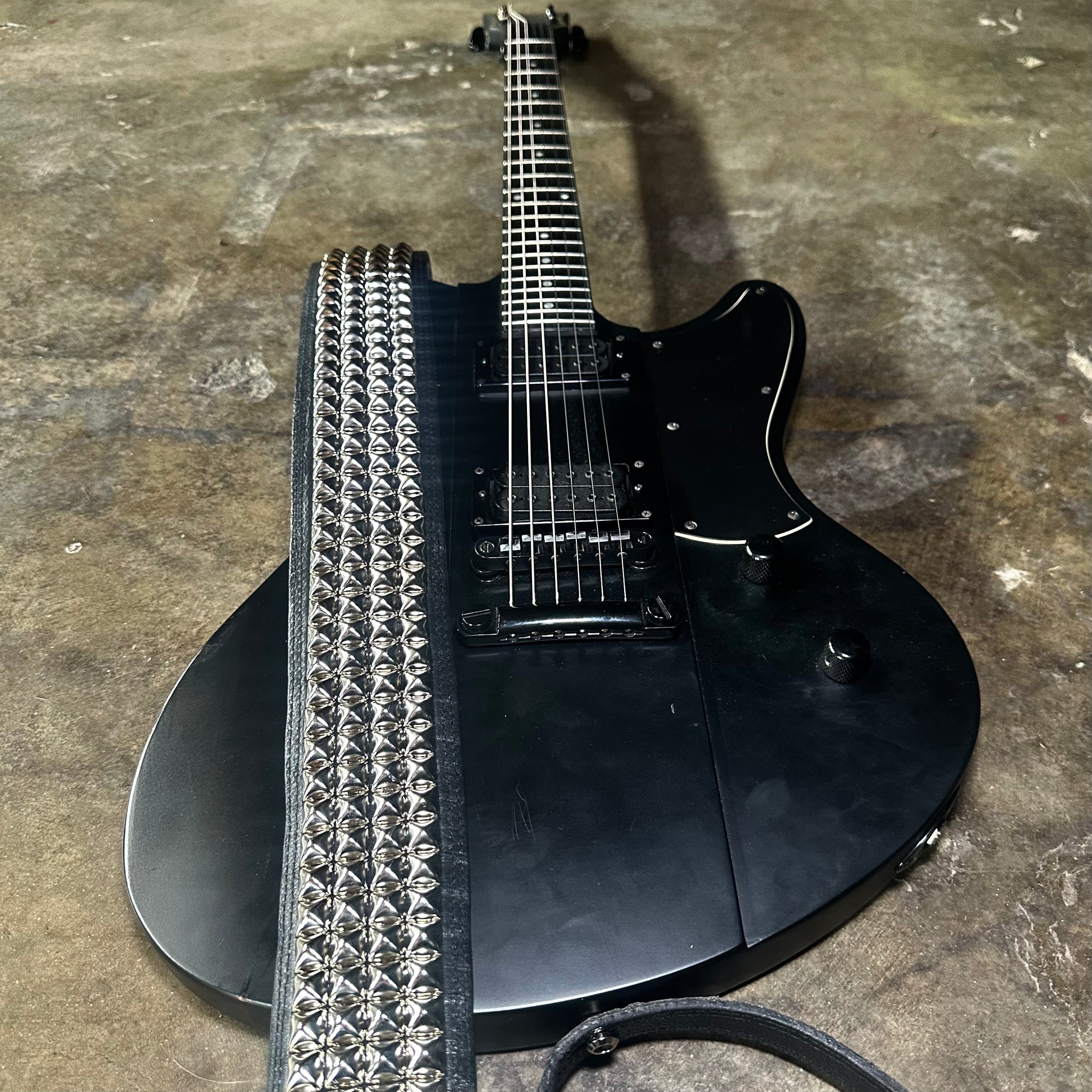 Handmade Ostrich Leather 4-Row Pyramid Studded Guitar Strap